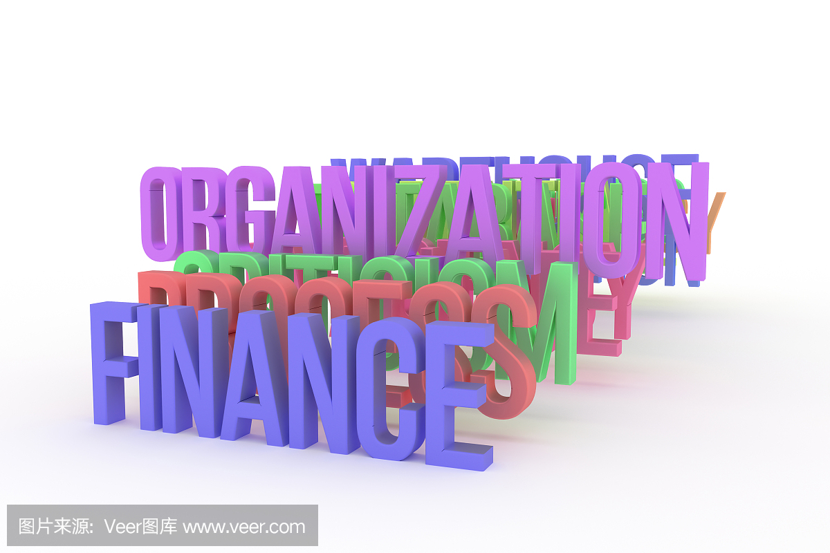 组织与金融,商业概念丰富多彩的3D词汇。插图,字母,网页和设计。